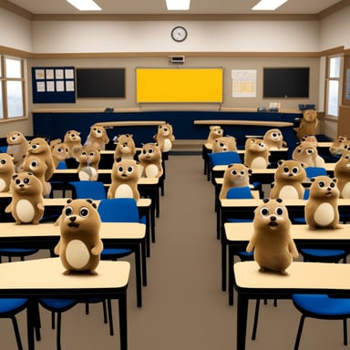 Classroom full of young Gophers, including the Go Blue Gopher.