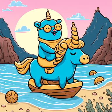 Happy Go Blue Gopher riding a unicorn on a beach.