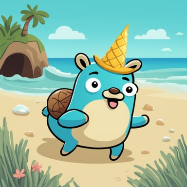Happy Go Blue Gopher riding a unicorn on a beach.
