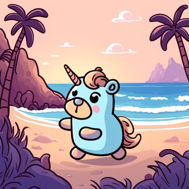 Happy Go Blue Gopher riding a unicorn on a beach.