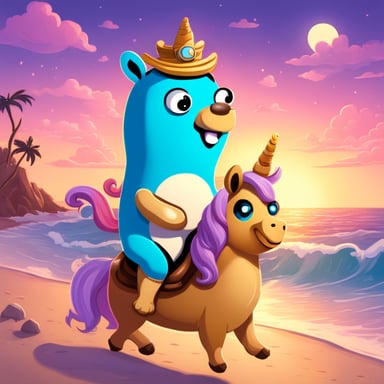 Happy Go Blue Gopher riding a unicorn on a beach.