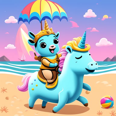 Go Blue Gopher riding a unicorn on the beach, happy.