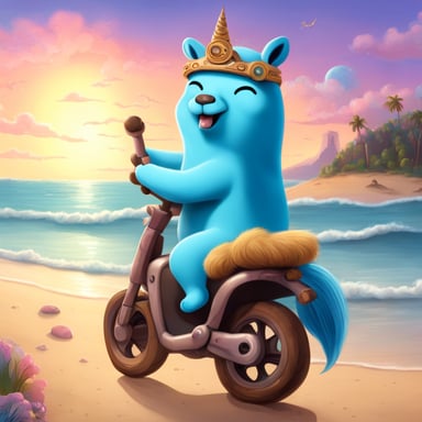 Go Blue Gopher riding a unicorn on the beach, happy.
