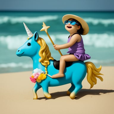 Go Blue Gopher riding a unicorn on the beach, happy.