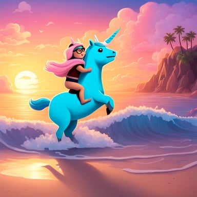 Go Blue Gopher riding a unicorn on the beach, happy.
