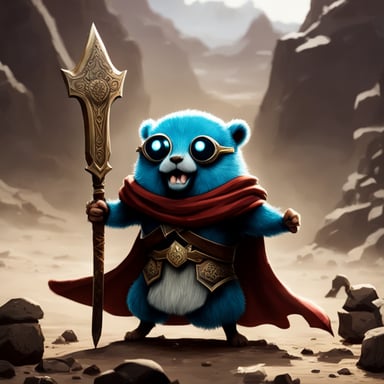 Go Blue Gopher as the Gopher Lord, a spinoff Elden Ring character, holding a sword in an epic battle.