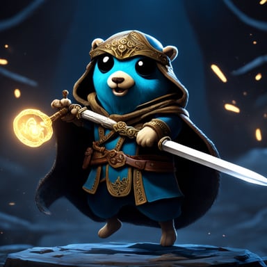 Go Blue Gopher as the Gopher Lord, a spinoff Elden Ring character, holding a sword in an epic battle.