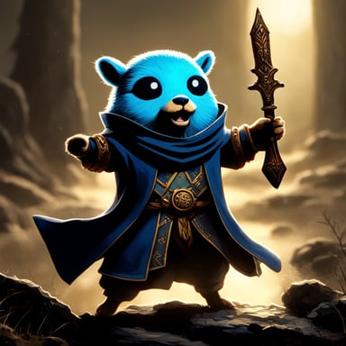 Go Blue Gopher as the Gopher Lord, a spinoff Elden Ring character, holding a sword in an epic battle.