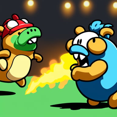 Go blue gopher fighting Bowser with fireballs.