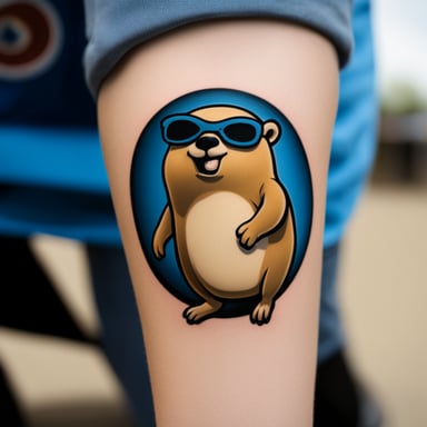 Photo realistic image of a person's arm with a Go Blue Gopher tattoo.