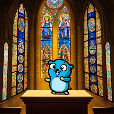 Go Blue Gopher admiring stained glass windows in a cathedral.