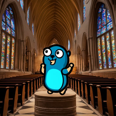 Go Blue Gopher admiring stained glass windows in a cathedral.