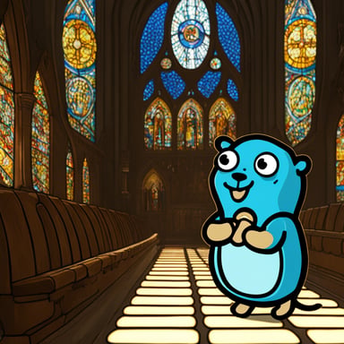 Go Blue Gopher admiring stained glass windows in a cathedral.