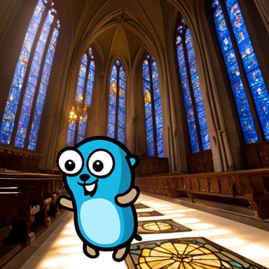 Go Blue Gopher admiring stained glass windows in a cathedral.