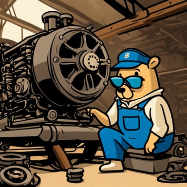 A confused mechanic, now known as Go Blue Gopher, tries to fix an engine.