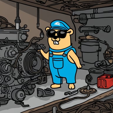 A confused mechanic, now known as Go Blue Gopher, tries to fix an engine.