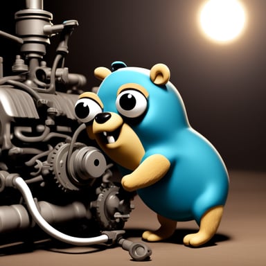 A confused mechanic, now known as Go Blue Gopher, tries to fix an engine.