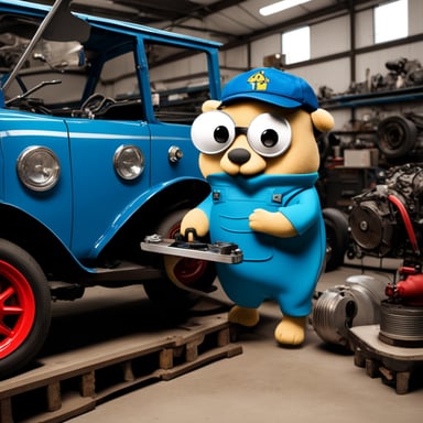 A confused mechanic, now known as Go Blue Gopher, tries to fix an engine.