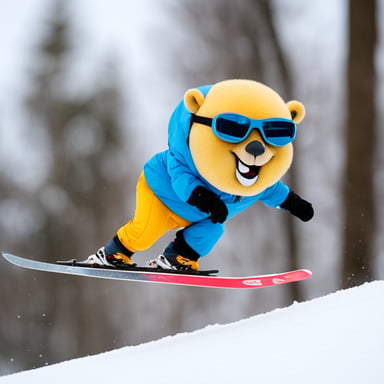 Go Blue Gopher skiing down the slopes, showcasing its agility and enthusiasm for winter sports.