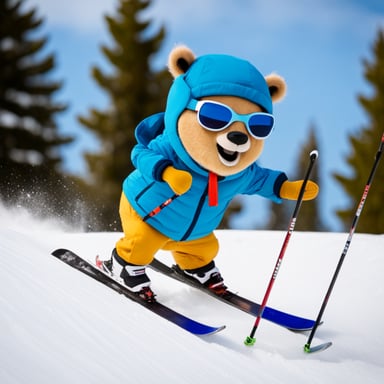 Go Blue Gopher skiing down the slopes, showcasing its agility and enthusiasm for winter sports.