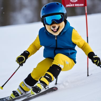 Go Blue Gopher skiing down the slopes, showcasing its agility and enthusiasm for winter sports.