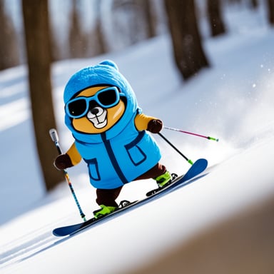 Go Blue Gopher skiing down the slopes, showcasing its agility and enthusiasm for winter sports.