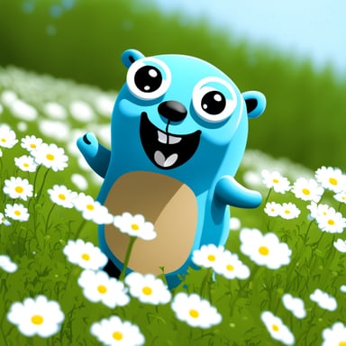 Go Blue Gopher smiling in the flowers field.