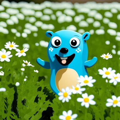 Go Blue Gopher smiling in the flowers field.