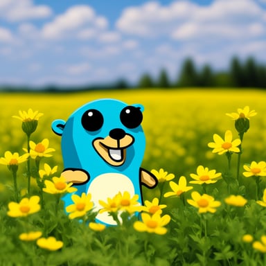 Go Blue Gopher smiling in the flowers field.