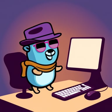 Go Blue Gopher as a hacker and solderer wearing a newsboy hat.