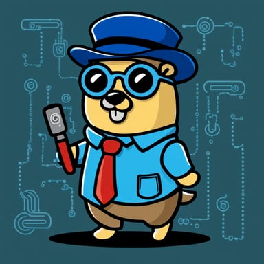 Go Blue Gopher as a hacker and solderer wearing a newsboy hat.