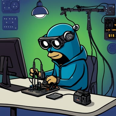 Go Blue Gopher as Mr. Robot-style hacker soldering a circuit board.