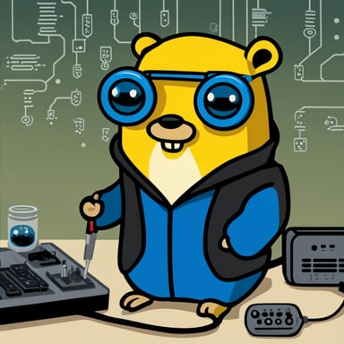 Go Blue Gopher as Mr. Robot-style hacker soldering a circuit board.
