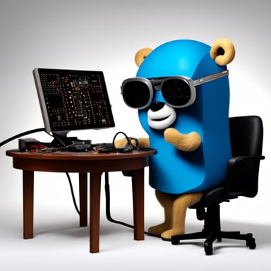 Go Blue Gopher as Mr. Robot-style hacker soldering a circuit board.