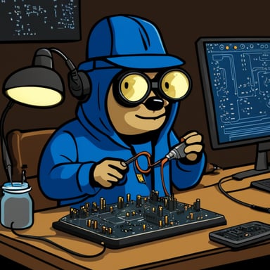 Go Blue Gopher as Mr. Robot-style hacker soldering a circuit board.