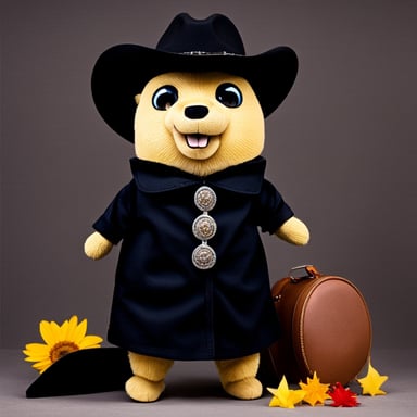 Go blue gopher dresses in all black with a cowboy hat on.