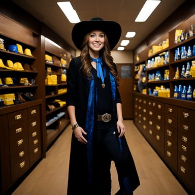 Go blue gopher dresses in all black with a cowboy hat on.