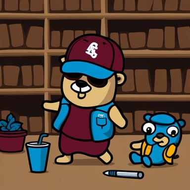 Go blue gopher with chill clothing and a baseball cap.