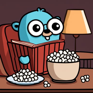Go Blue Gopher in comfy pajamas watching a movie with popcorn and a drink.