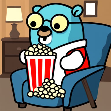 Go Blue Gopher in comfy pajamas watching a movie with popcorn and a drink.