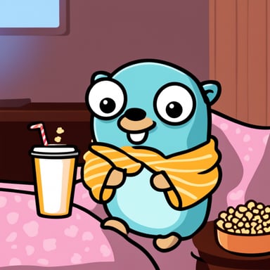 Go Blue Gopher in comfy pajamas watching a movie with popcorn and a drink.