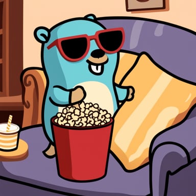 Go Blue Gopher in comfy pajamas watching a movie with popcorn and a drink.