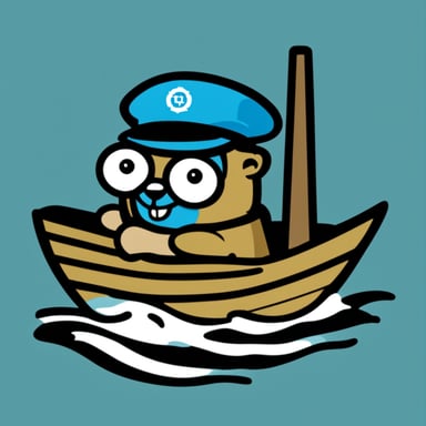 Go Blue Gopher in a boat, holding the wheel. The wheel is the Kubernetes logo.