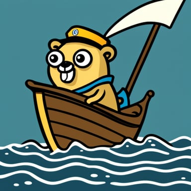 Go Blue Gopher in a boat, holding the wheel. The wheel is the Kubernetes logo.
