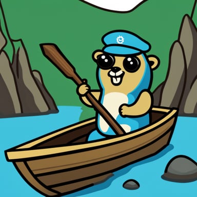 Go Blue Gopher in a boat, holding the wheel. The wheel is the Kubernetes logo.
