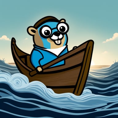 Go Blue Gopher in a boat, holding the wheel. The wheel is the Kubernetes logo.