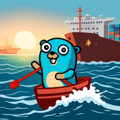 Go Blue Gopher is on a container ship, holding the wheel, which is the Kubernetes logo.