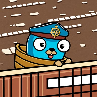 Go Blue Gopher is on a container ship, holding the wheel, which is the Kubernetes logo.