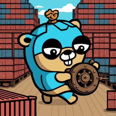Go Blue Gopher is on a container ship, holding the wheel, which is the Kubernetes logo.