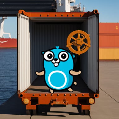 Go Blue Gopher is on a container ship, holding the wheel, which is the Kubernetes logo.